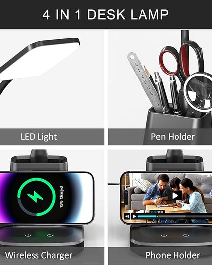 Desk Lamp for Home Office, LED Desk Lamp with Wireless Charger Pen Holder, Dimmable Desk Light with 3 Color Modes, Black Office Lamp for Dorm - LeafyLoom