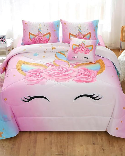 JQinHome Unicorn Queen Bedding Sets for Girls Kids,6 Piece Bed in A Bag 3D Colorful Flower Girl Unicorn Comforter Set(1 Comforter,2 Pillowcases,1 Flat Sheet,1 Fitted Sheet,1 Cushion Cover) - LeafyLoom