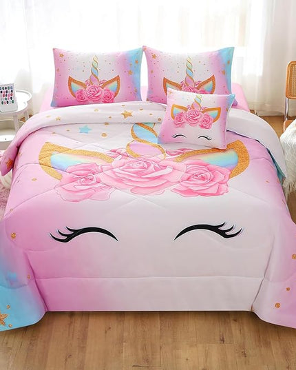JQinHome Unicorn Full Bedding Sets for Girls Kids,6 Piece Bed in A Bag 3D Colorful Flower Girl Unicorn Comforter Set (1 Comforter,2 Pillowcases,1 Flat Sheet,1 Fitted Sheet,1 Cushion Cover) - LeafyLoom