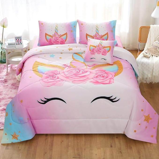 JQinHome Unicorn Full Bedding Sets for Girls Kids,6 Piece Bed in A Bag 3D Colorful Flower Girl Unicorn Comforter Set (1 Comforter,2 Pillowcases,1 Flat Sheet,1 Fitted Sheet,1 Cushion Cover) - LeafyLoom