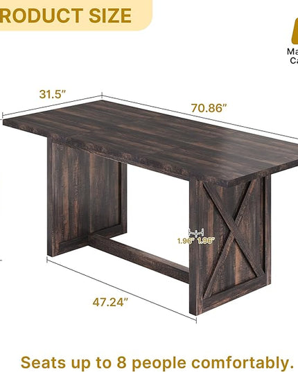YITAHOME 70.8" Large Farmhouse Dining Table for 6 to 8 People, Rustic Style Wood Dinner Table, Rectangular Dining Table for Kitchen, Dining Room & Living Room - LeafyLoom