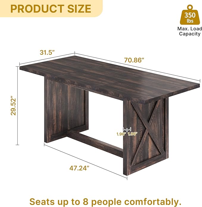 YITAHOME 70.8" Large Farmhouse Dining Table for 6 to 8 People, Rustic Style Wood Dinner Table, Rectangular Dining Table for Kitchen, Dining Room & Living Room - LeafyLoom