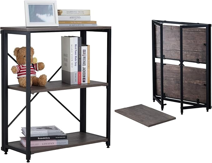 Bookshelf,3-Tier Folding Bookcase,Industrial Book Shelf,Rustic Wood Storage Shelves,Tall Bookshelf,Shelves For Bedroom,Office,Kitchen,Living Room,Study Room,No Assembly Folding Bookshelf,Black - LeafyLoom