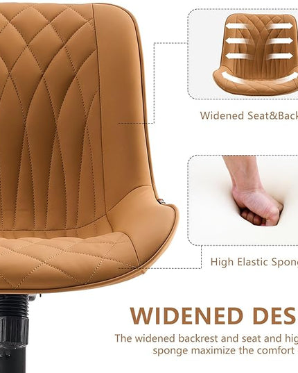 YOUNIKE Armless Office Chair with Wheels Tan Desk Chair Swivel Rolling Computer Task Chair with Back Upholstered Faux Leather Rocking Gaming Chair Height Adjustable Modern Ergonomic Wide Seat - LeafyLoom