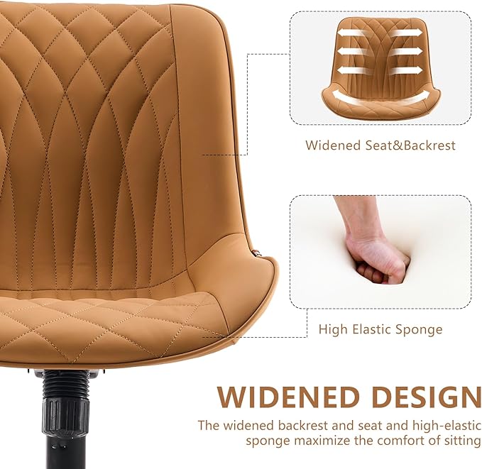 YOUNIKE Armless Office Chair with Wheels Tan Desk Chair Swivel Rolling Computer Task Chair with Back Upholstered Faux Leather Rocking Gaming Chair Height Adjustable Modern Ergonomic Wide Seat - LeafyLoom