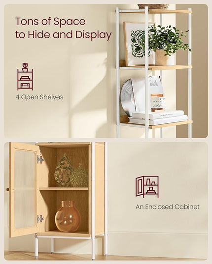 VASAGLE 6-Tier Bookcase, Slim Bookshelf with PC Door, Freestanding Storage Shelf with Metal Frame, Adjustable Shelf, for Living Room, Oak Beige and Pearl White ULLS123W57 - LeafyLoom