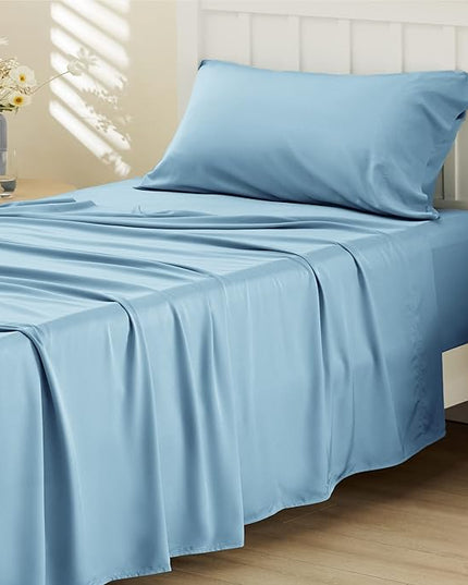 Bedsure Twin Sheets Set, Cooling Sheets Twin Size Bed Set, Rayon Derived from Bamboo, Twin Size Sheets, Breathable & Soft Bed Sheets, Hotel Luxury Silky Bedding Sheets & Pillowcases, Teal Blue - LeafyLoom