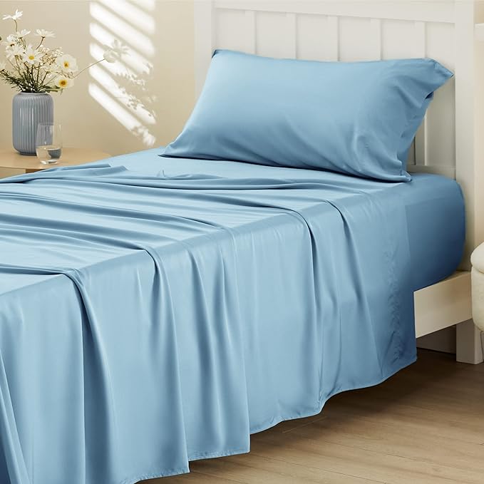 Bedsure Twin Sheets Set, Cooling Sheets Twin Size Bed Set, Rayon Derived from Bamboo, Twin Size Sheets, Breathable & Soft Bed Sheets, Hotel Luxury Silky Bedding Sheets & Pillowcases, Teal Blue - LeafyLoom