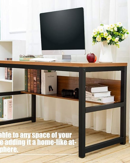 TOPSKY Computer Desk with Bookshelf/Metal Hole Cable Cover 1.18" Thick Desk (55", Oak Brown) - LeafyLoom