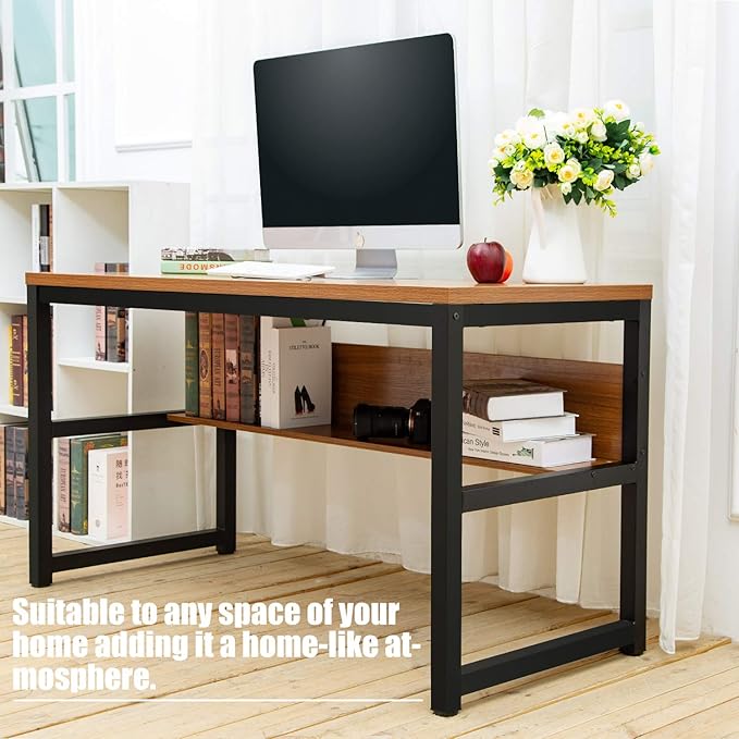 TOPSKY Computer Desk with Bookshelf/Metal Hole Cable Cover 1.18" Thick Desk (55", Oak Brown) - LeafyLoom