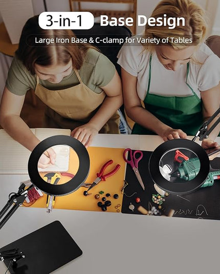 Magnifying Glass with Light and Stand, 3-in-1 Gooseneck Arms 3 Color Modes Stepless Dimmable, 10x&5X LED Desktop Magnifier with light Hands Free for Workbench Reading Crafts Painting Hobby Close Work - LeafyLoom