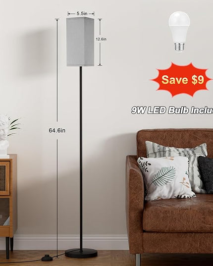 Ambimall Remote Control Floor Lamp, Stepless Dimmable, 64 Inches Tall, Include 9W Bulb, Standing Lamp for Living Room Bedroom Office (Grey & Black) - LeafyLoom