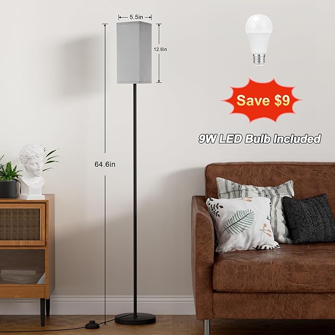 Ambimall Remote Control Floor Lamp, Stepless Dimmable, 64 Inches Tall, Include 9W Bulb, Standing Lamp for Living Room Bedroom Office (Grey & Black) - LeafyLoom