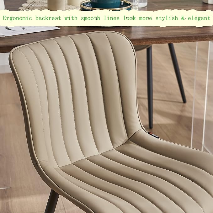 YOUNUOKE Khaki Dining Chairs Set of 2 Upholstered Mid Century Modern Kitchen Chairs Armless Faux Leather Side Chair with Padded Back Metal Legs for Living Room Bedrooms - LeafyLoom