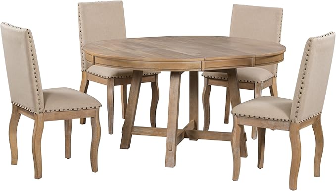 5-Piece Farmhouse Round Dining Set with Extendable Table and 4 Upholstered Chairs for Kitchen, Breakfast Nook, Living Room, Natural Wood Wash, 42"-58" L x 42" W x 30" H - LeafyLoom