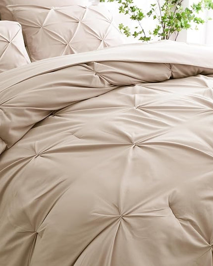 Ubauba 7pc Beige Comforter Set Full Size, 7 Piece Pintuck Bed in a Bag Ivory with Comforters and Sheets, Off White Pinched Pleat Bedding Comforters & Sets (Cream, Full) - LeafyLoom
