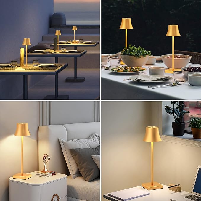 2 Pack LED Cordless Table Lamps Rechargeable,5000mAh Battery Operated Table Light,3 Color Stepless Dimming,Portable Small Desk Lamp in Aluminum for Party Patio Restaurant Indoor/Outdoor(Gold) - LeafyLoom