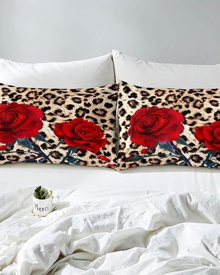 Rose Flower Comforter Set for Teens Adult Women Wedding Gift, Leopard Print Bedding Set Queen Size, Valentine's Day Cheetah Duvet Sets Leopard Animal Skin Down Comforter for Bedroom Decor, Brown - LeafyLoom