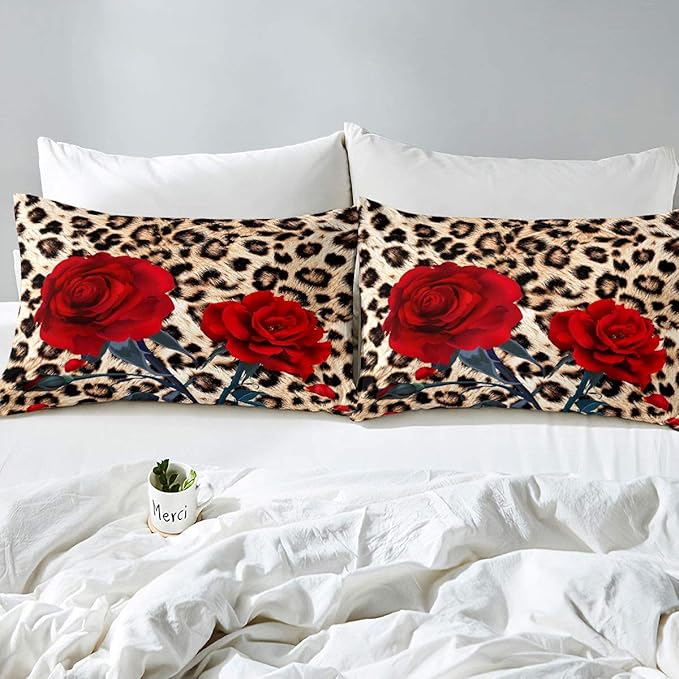 Erosebridal Rose Flower Comforter Set for Kids Girls Women, Leopard Print Down Comforter King Size, 3D Red Floral Petal Bedding Set Cheetah Animal Skin Quilted Duvet for Bedroom Decor, Brown - LeafyLoom