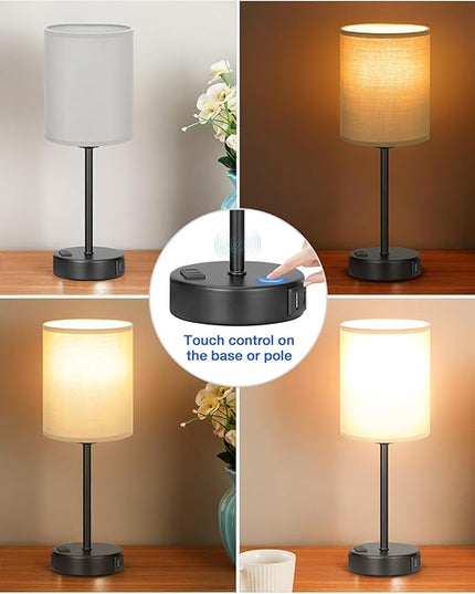 Innqoo Grey Touch Bedroom Lamps Set - 3 Way Dimmable Bedside Lamps with USB C and A Ports and Outlets, Nightstand Lamps with Black Base, Small Lamps for Nursery Office - LeafyLoom