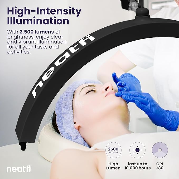 Neatfi Half Moon LED Table Lamp for Estheticians, Nail Tech, and Cosmetician for Nail Art, Facial, Waxing, Threading and Tattoo (with Clamp, Black) - LeafyLoom