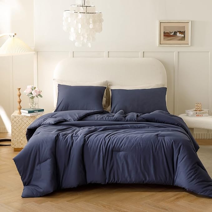 ROSGONIA Comforter Full Size for Boys Teen Girls Navy Blue, 3pcs (1 Blue Comforter & 2 Pillowcases), Lightweight Dorm Bedding Soft All Season Bed Set - LeafyLoom
