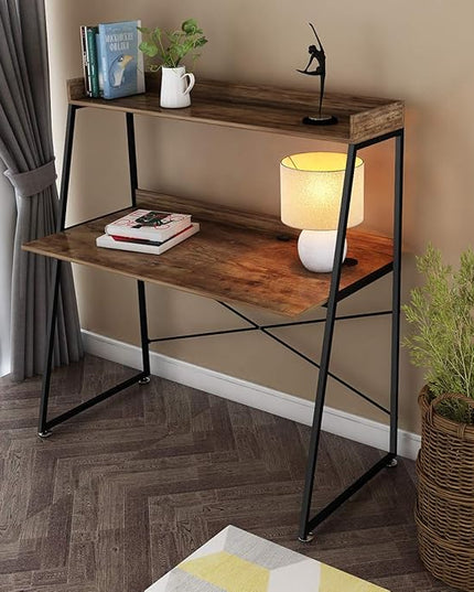DESIGNA 48 Inch Ladder Desk with Storage Shelves, 2-Tier Home Office Students Study Writing PC Computer Gaming Table with Bookshelf Modern Workstation for Small Space Saving, Metal Frame, Rustic Brown - LeafyLoom