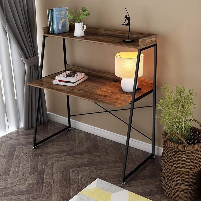 DESIGNA 48 Inch Ladder Desk with Storage Shelves, 2-Tier Home Office Students Study Writing PC Computer Gaming Table with Bookshelf Modern Workstation for Small Space Saving, Metal Frame, Rustic Brown - LeafyLoom