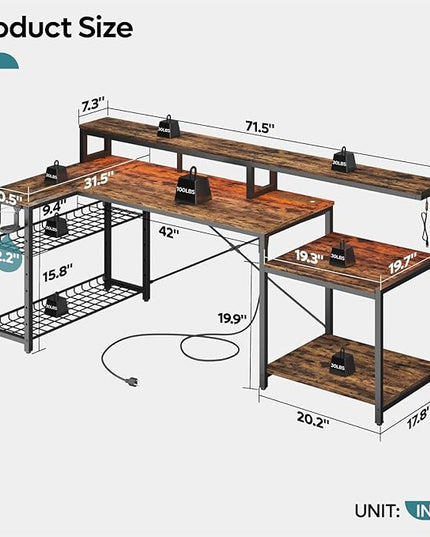 Bestier 71.5 inch Computer Desk with Power Outlets, L Shaped LED Home Office Desk with Long Monitor Stand, Large Corner Desk with Storage Shelf, Cup Holder & Headset Hooks, Modern Simple Table - LeafyLoom