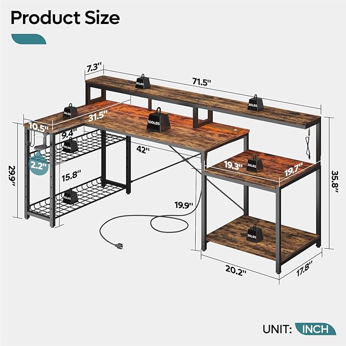 Bestier 71.5 inch Computer Desk with Power Outlets, L Shaped LED Home Office Desk with Long Monitor Stand, Large Corner Desk with Storage Shelf, Cup Holder & Headset Hooks, Modern Simple Table - LeafyLoom
