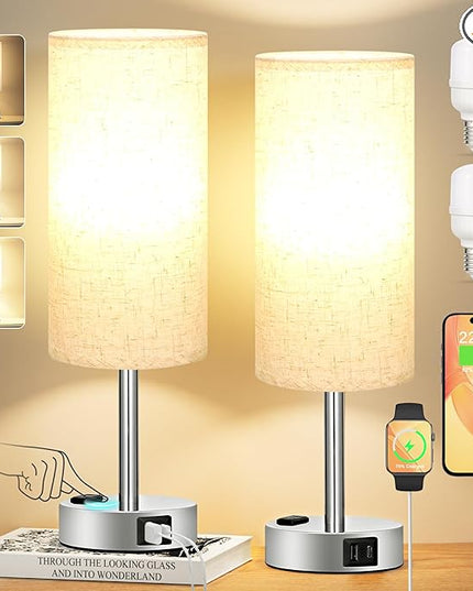 Light Beige Touch Nightstand Lamps - 3 Way Dimmable Bedside Table Lamps Set of 2 for Bedroom with USB C and A Ports, Small Desk Lamps with AC Outlet for Kids Dorm Nursery, Silver Base - LeafyLoom
