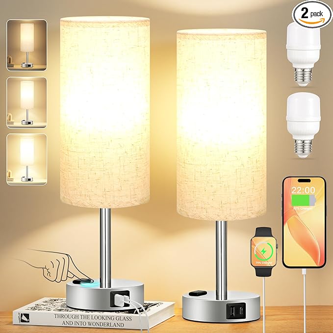 Light Beige Touch Nightstand Lamps - 3 Way Dimmable Bedside Table Lamps Set of 2 for Bedroom with USB C and A Ports, Small Desk Lamps with AC Outlet for Kids Dorm Nursery, Silver Base - LeafyLoom