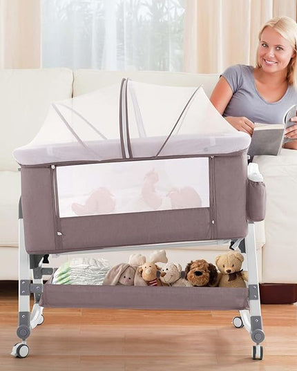 4 in 1 Baby Bassinet, Rocking Bassinets Bedside Sleeper with Comfy Mattress and Wheels, Height Adjustable Easy Folding Portable Bedside Crib for Newborn Infant,Khaki - LeafyLoom
