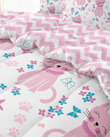 Kids Cat Bedding Twin Size Bed in a Bag, Cute Pink Animal Comforter Set for Teen Girls Bedroom Decor, Kawaii Floral Butterfly Bedding Sets & Collections - LeafyLoom