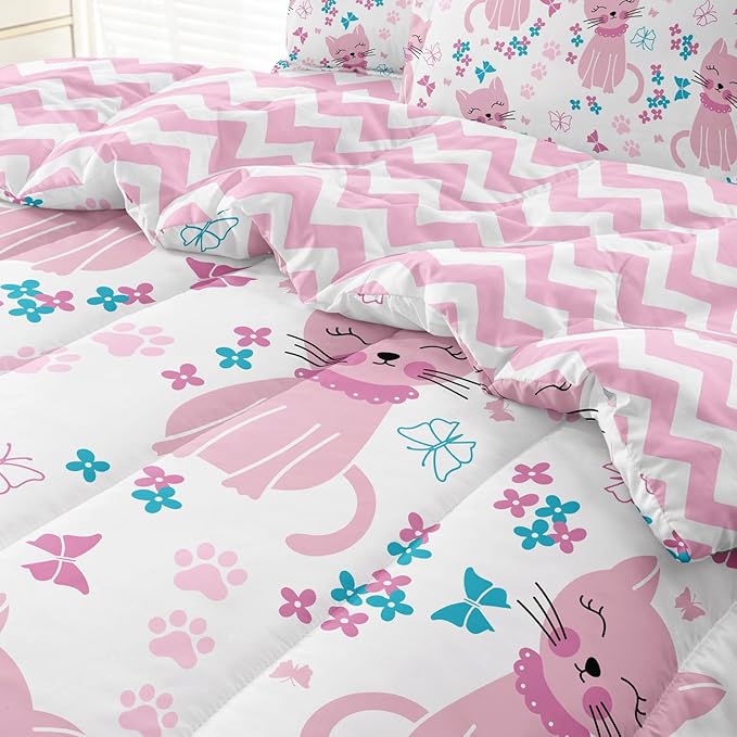 Kids Cat Bedding Twin Size Bed in a Bag, Cute Pink Animal Comforter Set for Teen Girls Bedroom Decor, Kawaii Floral Butterfly Bedding Sets & Collections - LeafyLoom