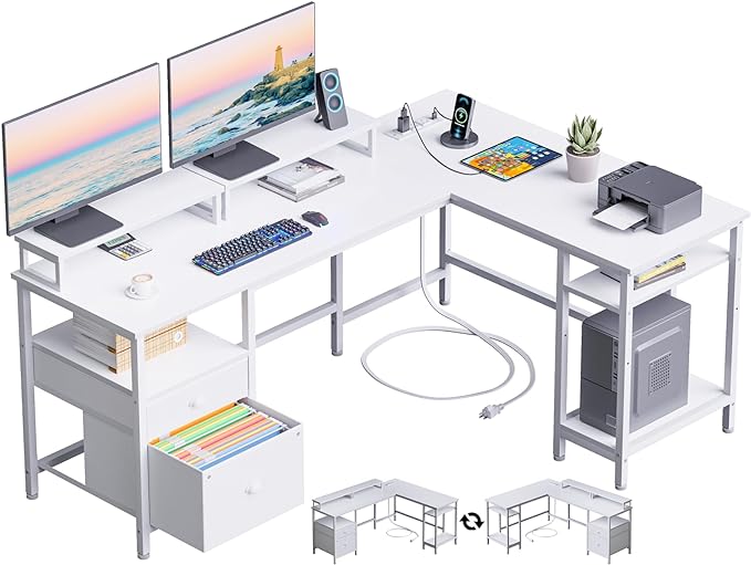 Furologee White 59” L Shaped Desk with Power Outlet, Reversible Computer Desk with File Drawer & 2 Monitor Stands, Corner Home Office Desk with Storage Shelves for Gaming Writing - LeafyLoom