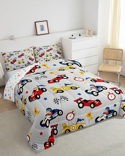 Feelyou Kids Cartoon Car Comforter Set Full Size Racing Car Bedding Set for Boys Girls Teen Kids Children Home Decor Racing Car Comforter Race Cars Quilt Bed Set Red Grey Bedding Set for All Season - LeafyLoom