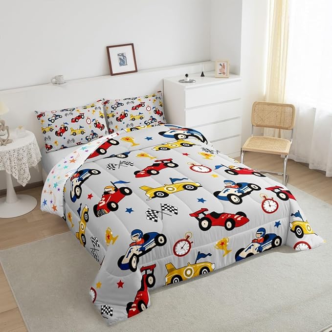 Feelyou Kids Cartoon Car Comforter Set Full Size Racing Car Bedding Set for Boys Girls Teen Kids Children Home Decor Racing Car Comforter Race Cars Quilt Bed Set Red Grey Bedding Set for All Season - LeafyLoom