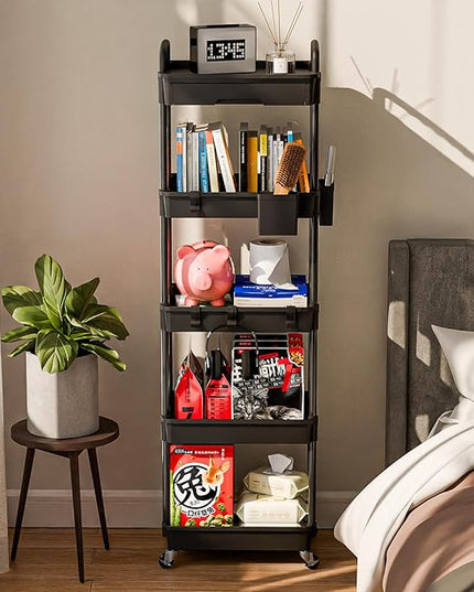 5 Tier Small Rolling Cart Organizer,Bathroom Cart Organizers with Wheels Laundry Room Organization Mobile Shelving Unit Utility Cart Storage Shelves Multi-Functional for Office, Home(Black) - LeafyLoom