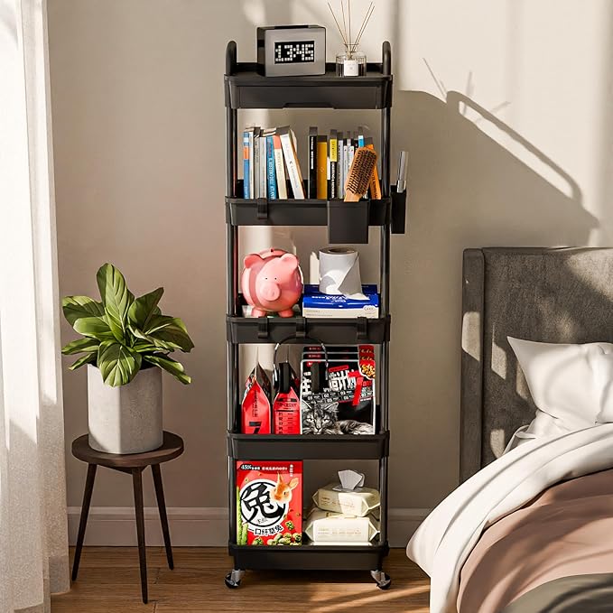 5 Tier Small Rolling Cart Organizer,Bathroom Cart Organizers with Wheels Laundry Room Organization Mobile Shelving Unit Utility Cart Storage Shelves Multi-Functional for Office, Home(Black) - LeafyLoom