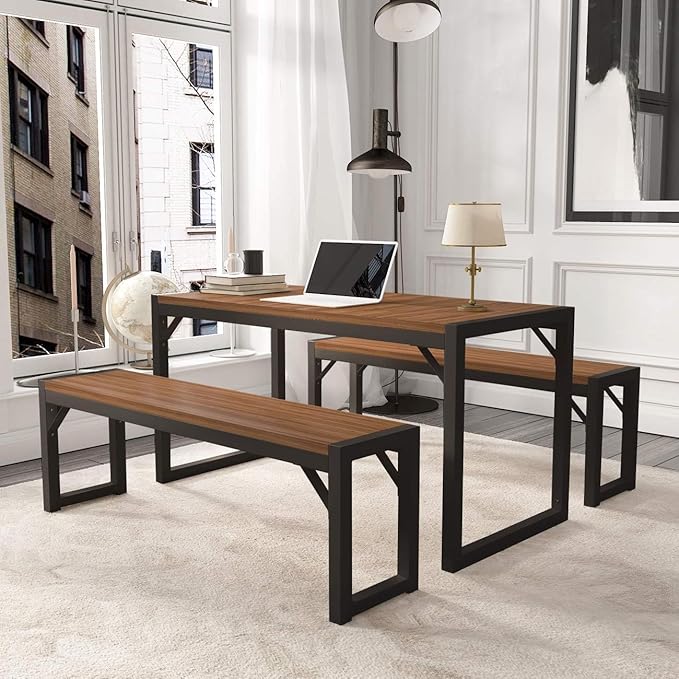 Allewie 3-Piece Kitchen Dining Table Sets with Benches, Sturdy Triangle Structure, Space-Saving, Multifunctional for Dining Room/Living Room/Studio, Dark Brown & Black - LeafyLoom