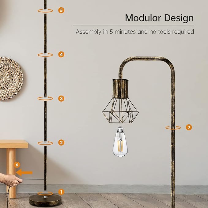 BoostArea Industrial Standing Lamp with 6W LED Bulb,E26 Socket,On/Off Footswitch,Whole Metal,Modern Floor Lamp for Bedroom,Office, Living Room,Rustic,Vintage,Farmhouse - LeafyLoom