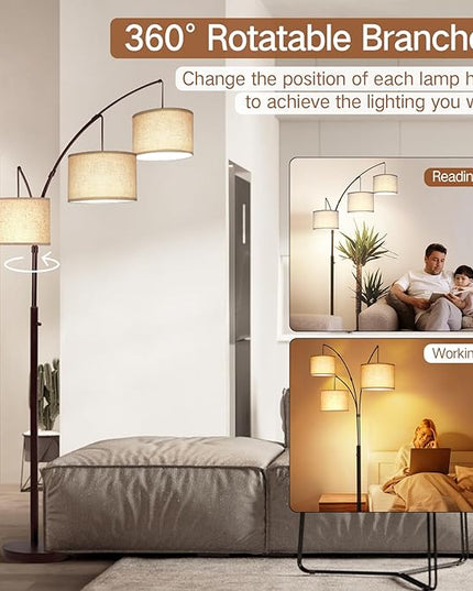 OUTON Tall Arc Floor Lamp - Adjustable, Modern, 3-Light Arched Lamp for Bedroom, Office, and Living Room, 2400lm Mid Century Design with 3 Energy-Efficient LED Bulbs Included, Beige Lampshade - LeafyLoom