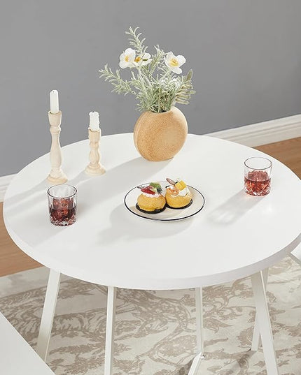 VECELO Small Round Dining Table Set for 2, Wood Tabletop with Strong Metal Frame, Modern Dinette with Chairs for Kitchen, Breakfast Nook Living Room, Solid white - LeafyLoom