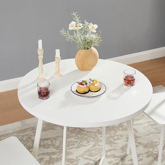 VECELO Small Round Dining Table Set for 2, Wood Tabletop with Strong Metal Frame, Modern Dinette with Chairs for Kitchen, Breakfast Nook Living Room, Solid white - LeafyLoom