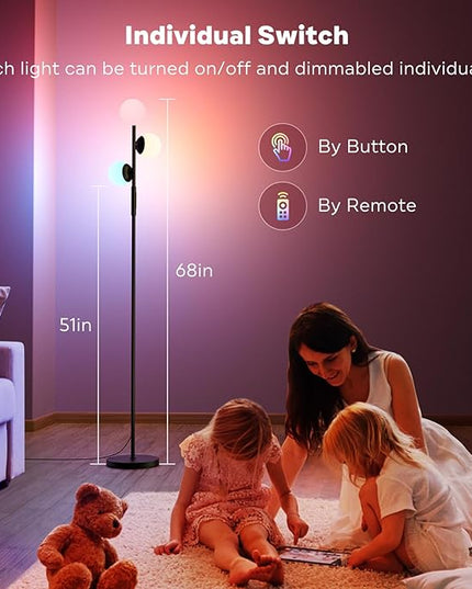 RGBCW Floor Lamp, 3 Globe Bright Color Changing RGB Standing Lamp with Remote, Modern Stepless Dimmable LED Tall Floor Lamps for Living Room Bedroom Office, 30W, 2700-6500K, Black - LeafyLoom