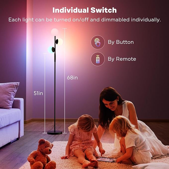 RGBCW Floor Lamp, 3 Globe Bright Color Changing RGB Standing Lamp with Remote, Modern Stepless Dimmable LED Tall Floor Lamps for Living Room Bedroom Office, 30W, 2700-6500K, Black - LeafyLoom