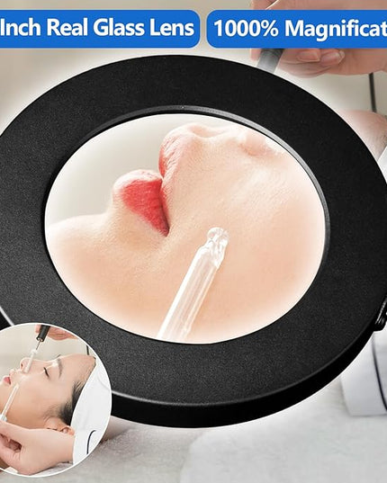 HITTI 10X Magnifying Glass with Light and Clamp, Hands Free Magnifying Floor Lamp with Flexible Gooseneck, 3 Color Stepless Dimmable LED Lighted Magnifier Light Stand for Esthetician Craft Close Works - LeafyLoom
