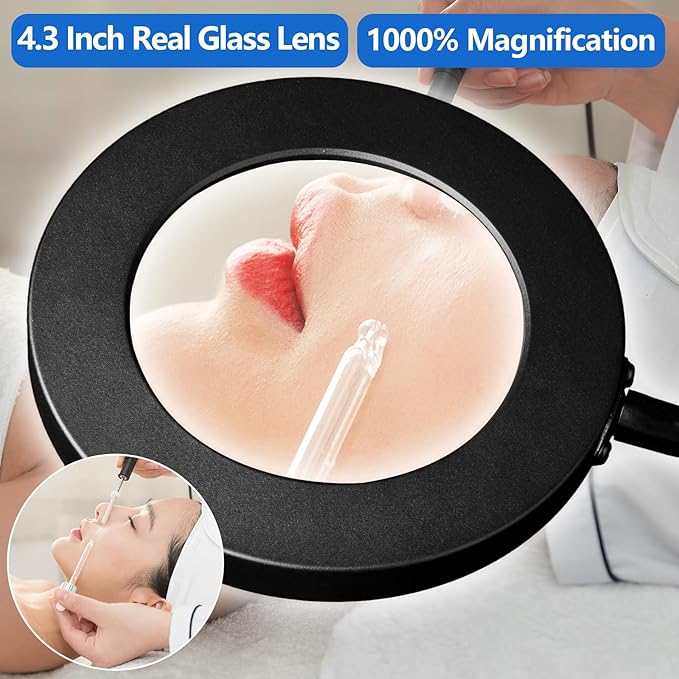 HITTI 10X Magnifying Glass with Light and Clamp, Hands Free Magnifying Floor Lamp with Flexible Gooseneck, 3 Color Stepless Dimmable LED Lighted Magnifier Light Stand for Esthetician Craft Close Works - LeafyLoom