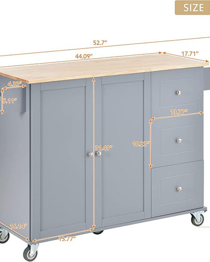 53" W Mobile Kitchen Island with Drop Leaf, Locking Wheels and Solid Wood Tabletop, Kitchen-cart w/Storage Cabinet &3 Drawers, for Dining Room, Coffee Bar Service - LeafyLoom